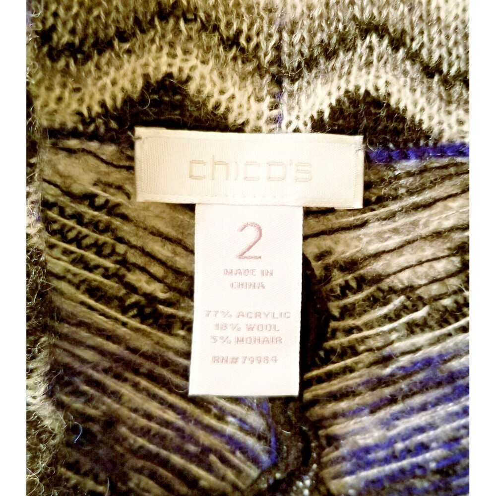 CHICO'S Cardigan Sweater Sz 2 US Large 12 Blue Black Gray Ivory Chevron Striped - Picture 3 of 8